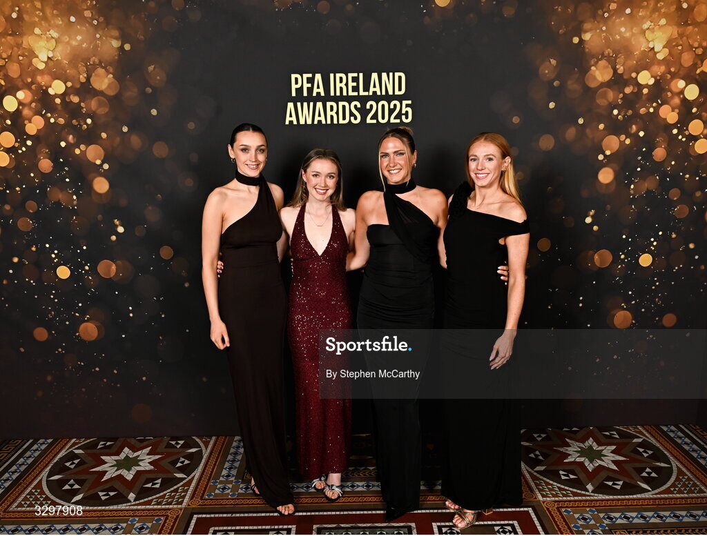 22 November 2025; Athlone Town players, from left, Kayleigh Shine, Hannah Waesch, Madie Gibson and Kelly Brady during the PFA Ireland Awards 2025 at The College Green Hotel in Dublin. Photo by Stephen McCarthy/Sportsfile