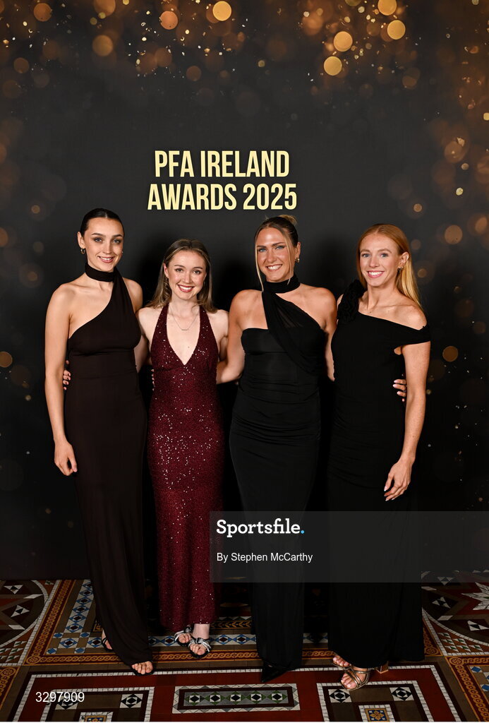 22 November 2025; Athlone Town players, from left, Kayleigh Shine, Hannah Waesch, Madie Gibson and Kelly Brady during the PFA Ireland Awards 2025 at The College Green Hotel in Dublin. Photo by Stephen McCarthy/Sportsfile