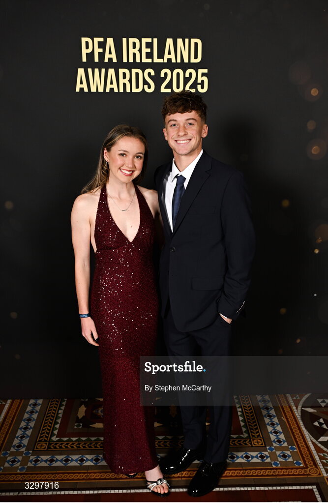 22 November 2025; Athlone Town's Hannah Waesch and Hagen Waesch during the PFA Ireland Awards 2025 at The College Green Hotel in Dublin. Photo by Stephen McCarthy/Sportsfile