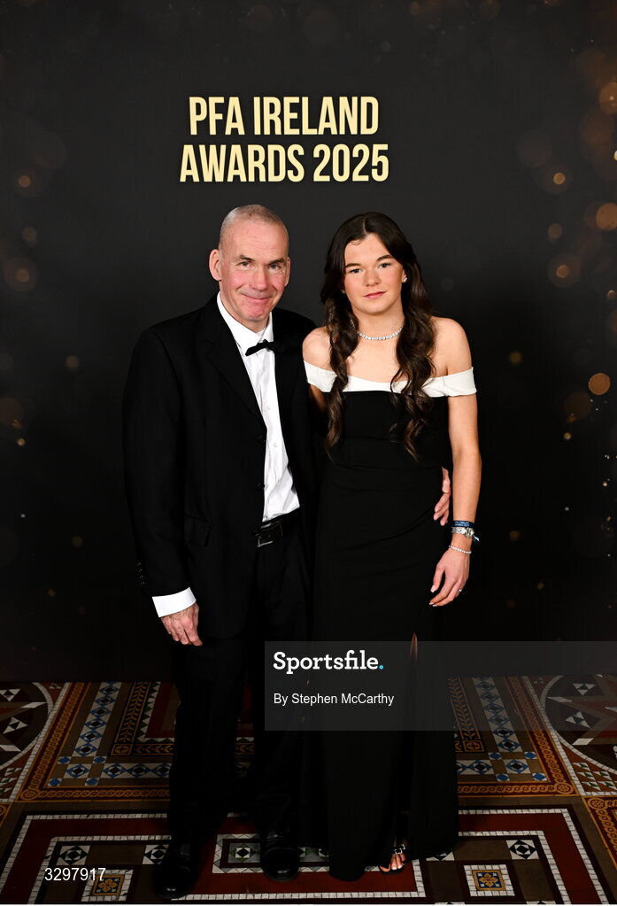 22 November 2025; Aoibhe Brennan of Bohemians with her father Emmett during the PFA Ireland Awards 2025 at The College Green Hotel in Dublin. Photo by Stephen McCarthy/Sportsfile