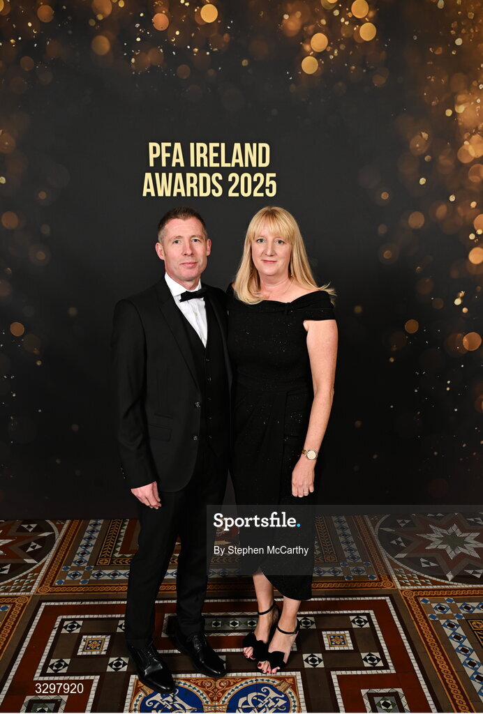 22 November 2025; Referee Robert Dowling and wife Lisa during the PFA Ireland Awards 2025 at The College Green Hotel in Dublin. Photo by Stephen McCarthy/Sportsfile