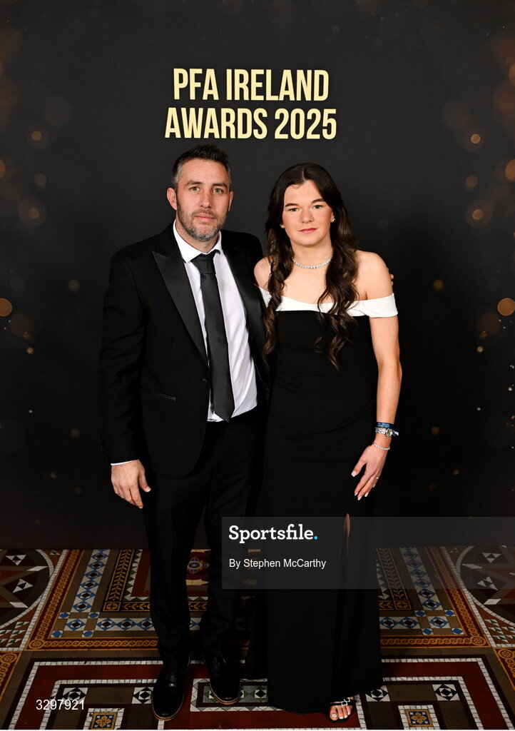 22 November 2025; Bohemians manager Alban Hysa and player Aoibhe Brennan during the PFA Ireland Awards 2025 at The College Green Hotel in Dublin. Photo by Stephen McCarthy/Sportsfile