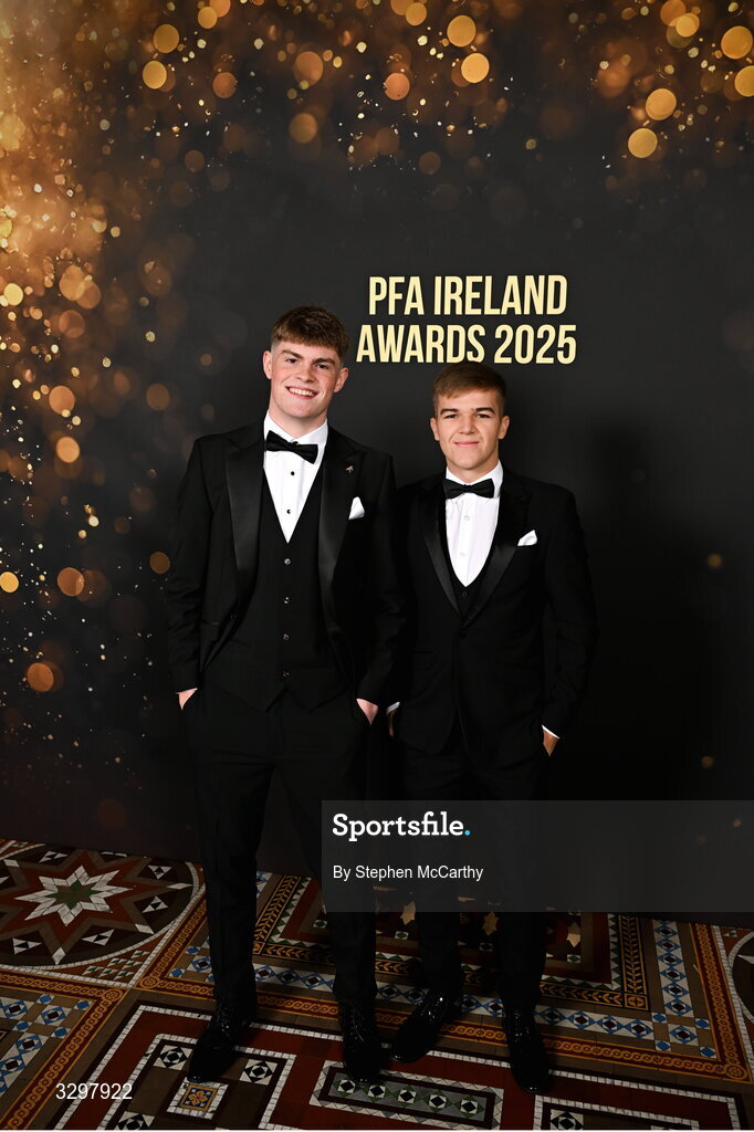 22 November 2025; Vinnie Leonard of Dundalk, left, and Billy O'Neill of Bray Wanderers during the PFA Ireland Awards 2025 at The College Green Hotel in Dublin. Photo by Stephen McCarthy/Sportsfile