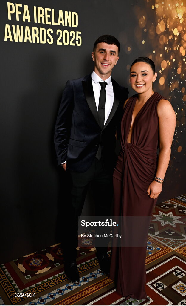 22 November 2025; Barry Coffey of Cobh Ramblers and partner Aoife Tynan during the PFA Ireland Awards 2025 at The College Green Hotel in Dublin. Photo by Stephen McCarthy/Sportsfile