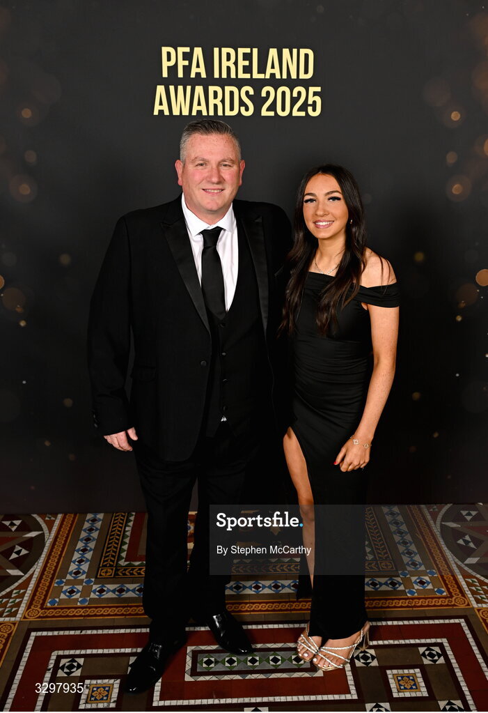 22 November 2025; Ella Kelly of Shamrock Rovers and her father Thomas during the PFA Ireland Awards 2025 at The College Green Hotel in Dublin. Photo by Stephen McCarthy/Sportsfile