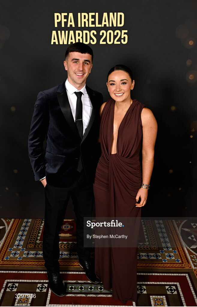 22 November 2025; Barry Coffey of Cobh Ramblers and partner Aoife Tynan during the PFA Ireland Awards 2025 at The College Green Hotel in Dublin. Photo by Stephen McCarthy/Sportsfile
