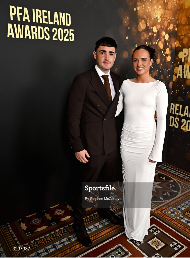22 November 2025; Dawson Devoy of Bohemians and partner Jodie Doherty during the PFA Ireland Awards 2025 at The College Green Hotel in Dublin. Photo by Stephen McCarthy/Sportsfile