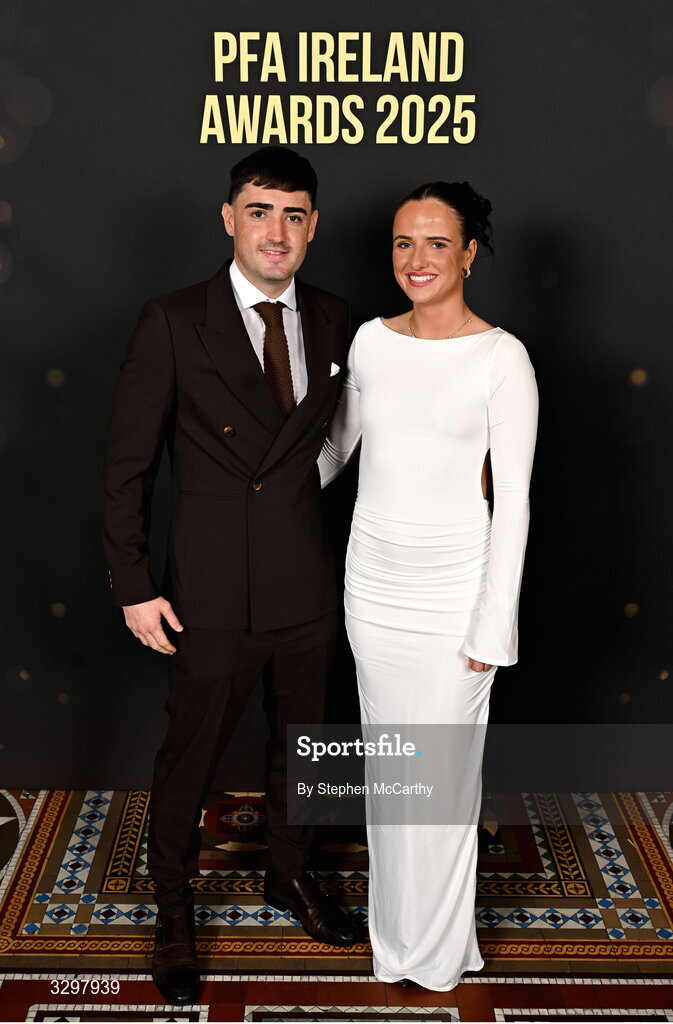 22 November 2025; Dawson Devoy of Bohemians and partner Jodie Doherty during the PFA Ireland Awards 2025 at The College Green Hotel in Dublin. Photo by Stephen McCarthy/Sportsfile