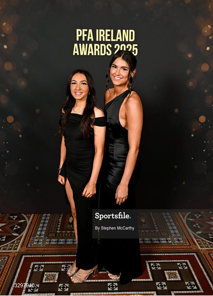 22 November 2025; Ella Kelly, left, and Maria Reynolds of Shamrock Rovers during the PFA Ireland Awards 2025 at The College Green Hotel in Dublin. Photo by Stephen McCarthy/Sportsfile