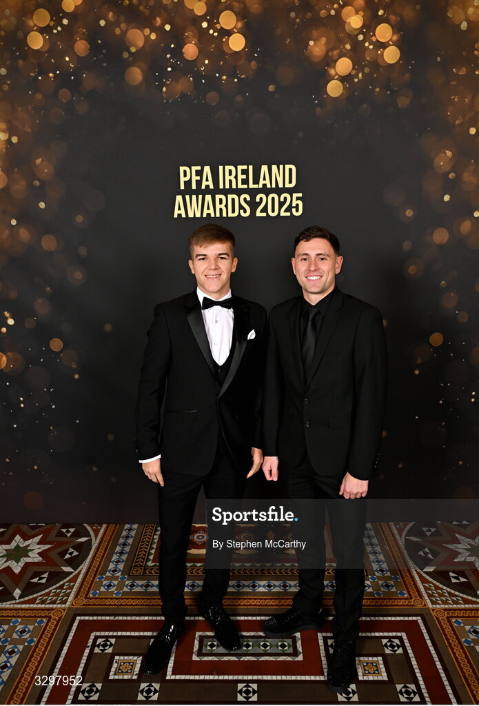 22 November 2025; Billy O'Neill, left, and Max Murphy of Bray Wanderers during the PFA Ireland Awards 2025 at The College Green Hotel in Dublin. Photo by Stephen McCarthy/Sportsfile