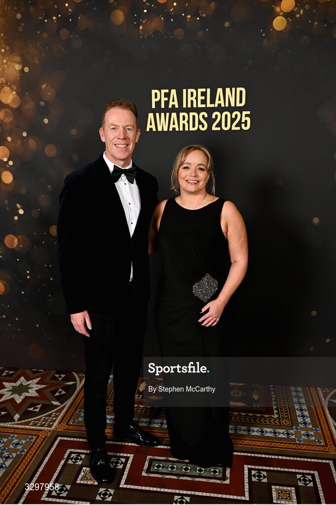 22 November 2025; PFA Ireland general secretary Stephen McGuinness, and girlfriend Louise Kearns during the PFA Ireland Awards 2025 at The College Green Hotel in Dublin. Photo by Stephen McCarthy/Sportsfile