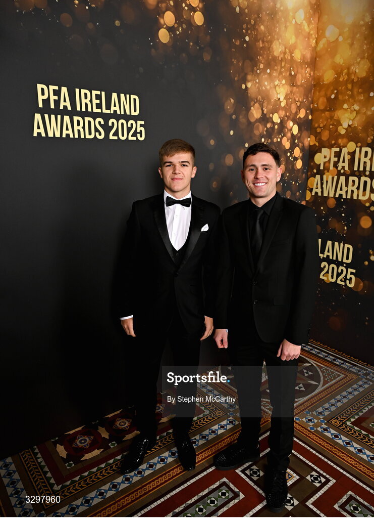 22 November 2025; Billy O'Neill, left, and Max Murphy of Bray Wanderers during the PFA Ireland Awards 2025 at The College Green Hotel in Dublin. Photo by Stephen McCarthy/Sportsfile