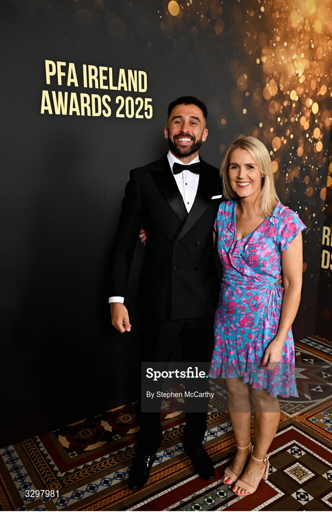 22 November 2025; Roberto Lopes of Shamrock Rovers and PFA Ireland's Simone Flannery during the PFA Ireland Awards 2025 at The College Green Hotel in Dublin. Photo by Stephen McCarthy/Sportsfile