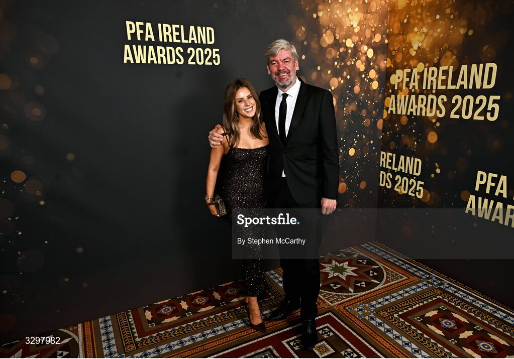 22 November 2025; PFA Ireland solicitor Stuart Gilhooly with Lauren Birmingham during the PFA Ireland Awards 2025 at The College Green Hotel in Dublin. Photo by Stephen McCarthy/Sportsfile