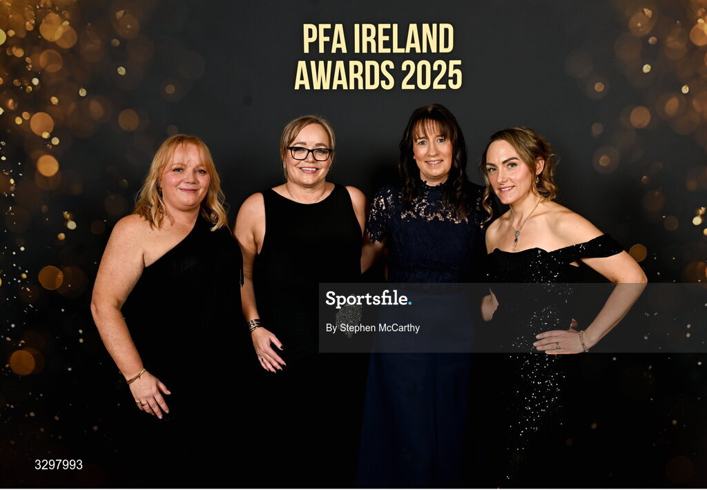 22 November 2025; Guests, from left, Fiona Kearns, Louise Kearns, Michelle Fitzpatrick and Laura Doyle during the PFA Ireland Awards 2025 at The College Green Hotel in Dublin.     Photo by Stephen McCarthy/Sportsfile