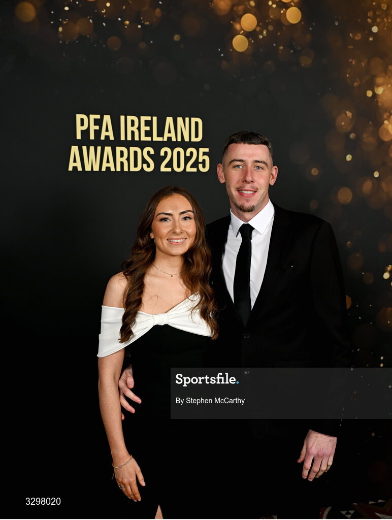 22 November 2025; Luke Dennison of Drogheda United and Aoife Connolly during the PFA Ireland Awards 2025 at The College Green Hotel in Dublin. Photo by Stephen McCarthy/Sportsfile