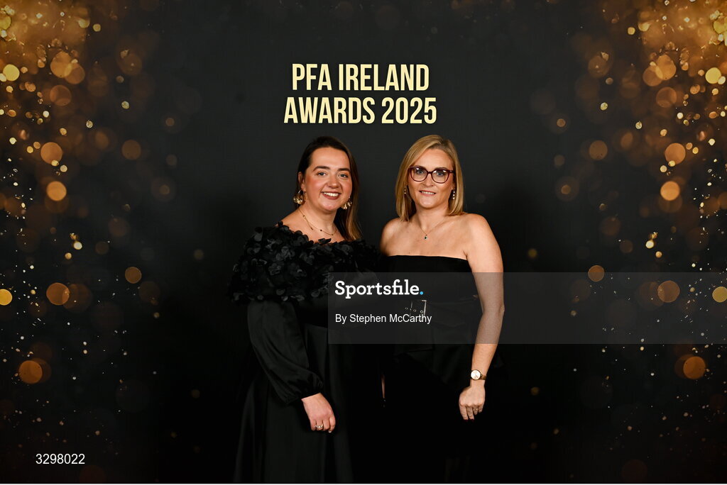 22 November 2025; Victoria Cummins and Sinead Sheridan of Cobh Ramblers during the PFA Ireland Awards 2025 at The College Green Hotel in Dublin. Photo by Stephen McCarthy/Sportsfile