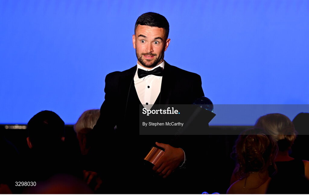 22 November 2025; Michael Duffy of Derry City after being presented with his PFA Ireland Men’s Player of the Year 2025 award during the PFA Ireland Awards 2025 at The College Green Hotel in Dublin. Photo by Stephen McCarthy/Sportsfile