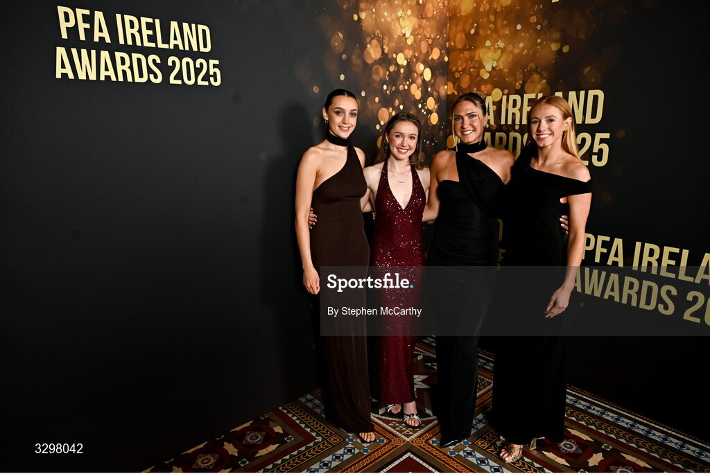22 November 2025; Athlone Town players, from left, Kayleigh Shine, Hannah Waesch, Madie Gibson and Kelly Brady during the PFA Ireland Awards 2025 at The College Green Hotel in Dublin. Photo by Stephen McCarthy/Sportsfile