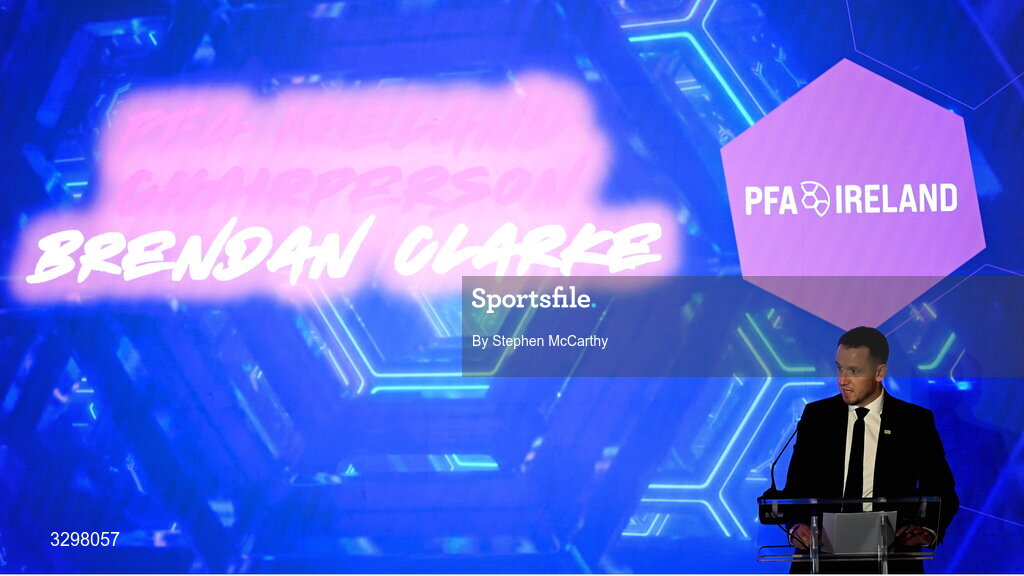 22 November 2025; PFA Ireland chairperson Brendan Clarke during the PFA Ireland Awards 2025 at The College Green Hotel in Dublin. Photo by Stephen McCarthy/Sportsfile