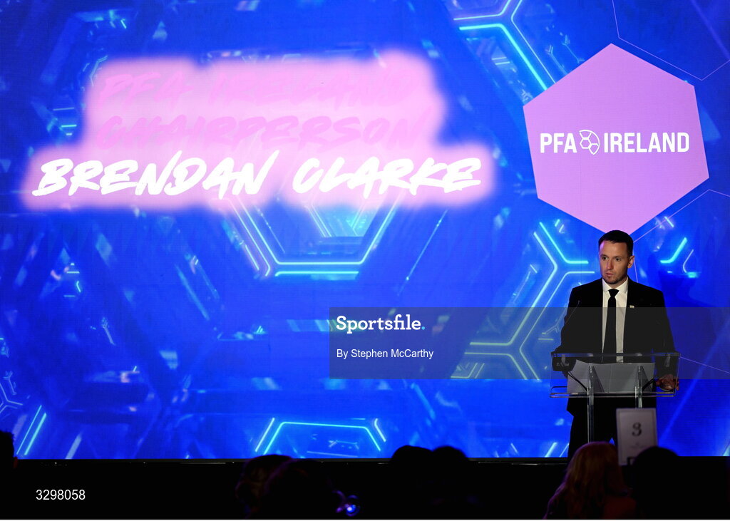 22 November 2025; PFA Ireland chairperson Brendan Clarke during the PFA Ireland Awards 2025 at The College Green Hotel in Dublin. Photo by Stephen McCarthy/Sportsfile