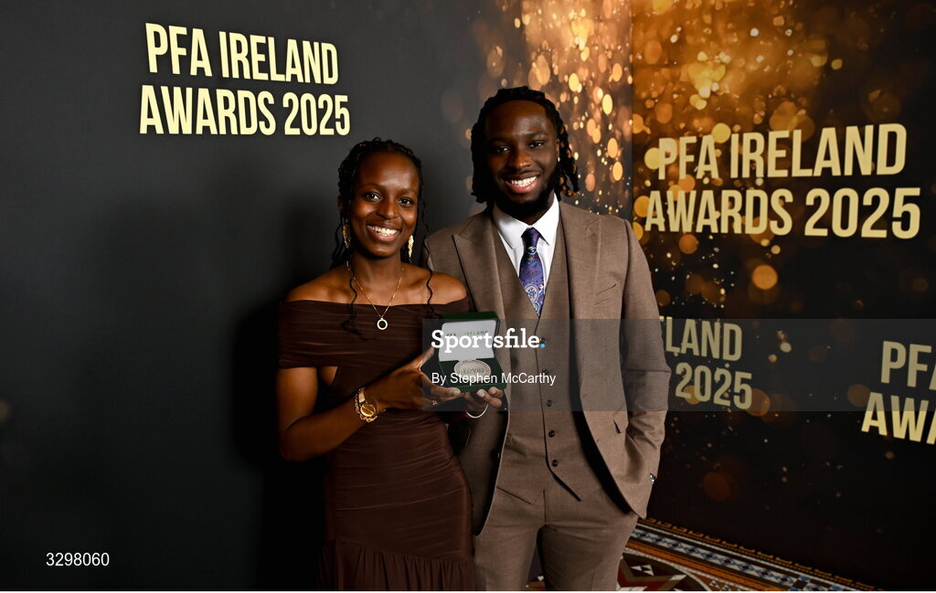 22 November 2025; Mary Phillips of Peamount United, and her brother Daniel, with her PFA Ireland Women’s Premier Division Team of the Year 2025 medal during the PFA Ireland Awards 2025 at The College Green Hotel in Dublin. Photo by Stephen McCarthy/Sportsfile