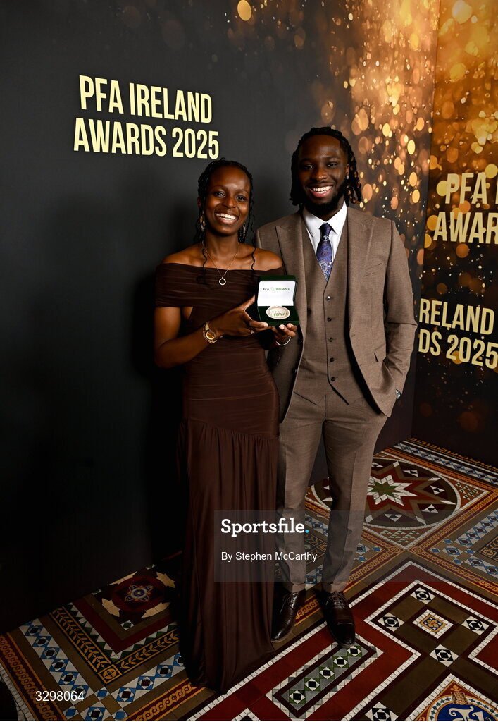 22 November 2025; Mary Phillips of Peamount United, and her brother Daniel, with her PFA Ireland Women’s Premier Division Team of the Year 2025 medal during the PFA Ireland Awards 2025 at The College Green Hotel in Dublin. Photo by Stephen McCarthy/Sportsfile