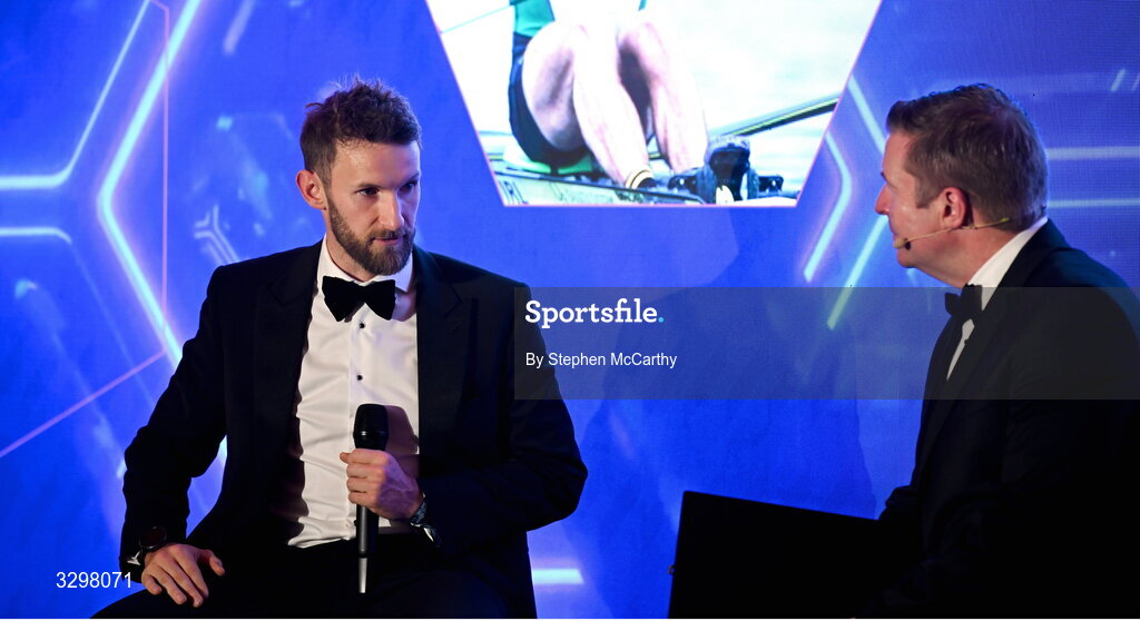 22 November 2025; Guest of Honour Gary O'Donovan is interviewed by MC Darragh Maloney during the PFA Ireland Awards 2025 at The College Green Hotel in Dublin. Photo by Stephen McCarthy/Sportsfile