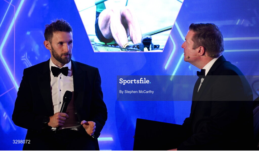 22 November 2025; Guest of Honour Gary O'Donovan is interviewed by MC Darragh Maloney during the PFA Ireland Awards 2025 at The College Green Hotel in Dublin. Photo by Stephen McCarthy/Sportsfile