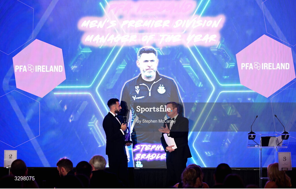 22 November 2025; Roberto Lopes of Shamrock Rovers is interviewed by MC Darragh Maloney during the PFA Ireland Awards 2025 at The College Green Hotel in Dublin. Photo by Stephen McCarthy/Sportsfile