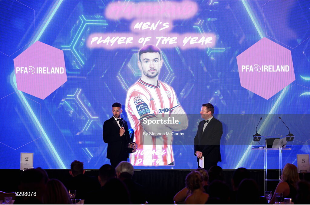 22 November 2025; PFA Ireland Men’s Player of the Year 2025 award recipient Michael Duffy of Derry City is interviewed by MC Darragh Maloney during the PFA Ireland Awards 2025 at The College Green Hotel in Dublin. Photo by Stephen McCarthy/Sportsfile