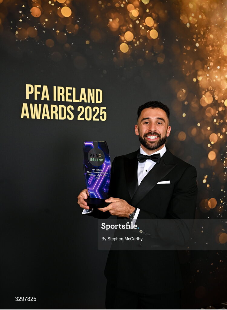 22 November 2025; Roberto Lopes of Shamrock Rovers, accepting on behalf of his manager Stephen Bradley, poses with the PFA Ireland Men's Premier Division Manager of the Year 2025 award during the PFA Ireland Awards 2025 at The College Green Hotel in Dublin. Photo by Stephen McCarthy/Sportsfile