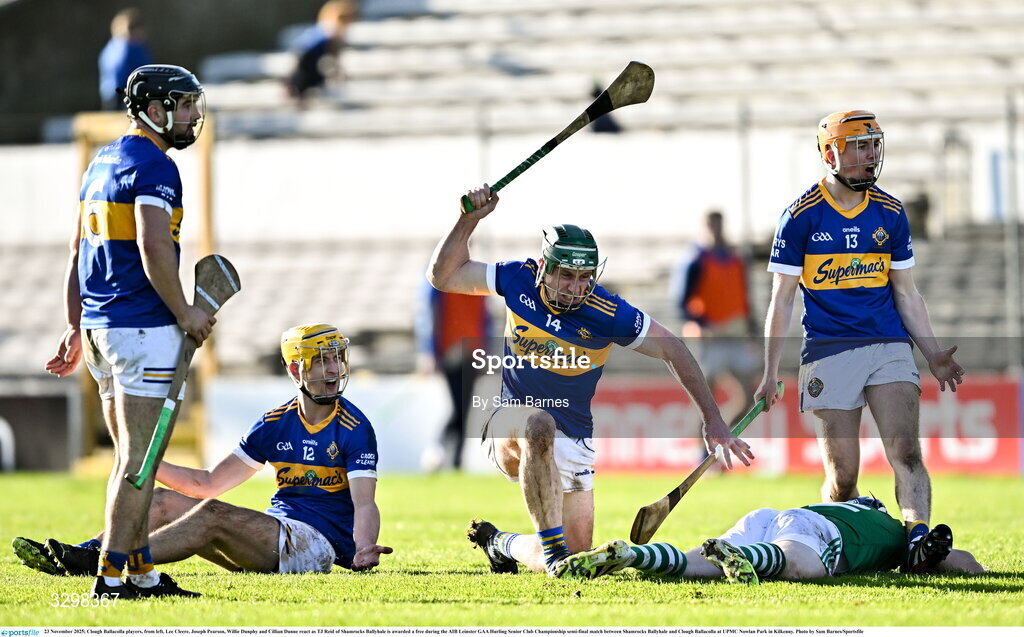 23 November 2025; Clough Ballacolla players, from left, Lee Cleere, Joseph Pearson, Willie Dunphy and Cillian Dunne react as TJ Reid of Shamrocks Ballyhale is awarded a free during the AIB Leinster GAA Hurling Senior Club Championship semi-final match between Shamrocks Ballyhale and Clough Ballacolla at UPMC Nowlan Park in Kilkenny. Photo by Sam Barnes/Sportsfile