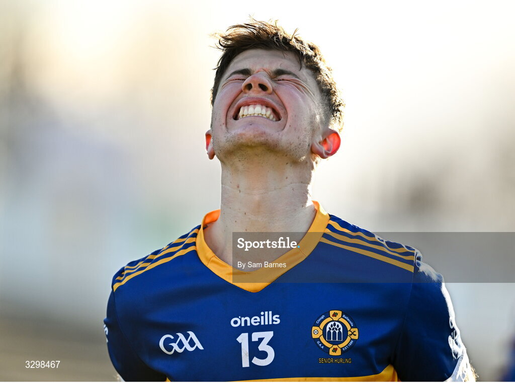 23 November 2025; Cillian Dunne of Clough Ballacolla dejected after his side's defeat in the AIB Leinster GAA Hurling Senior Club Championship semi-final match between Shamrocks Ballyhale and Clough Ballacolla at UPMC Nowlan Park in Kilkenny. Photo by Sam Barnes/Sportsfile