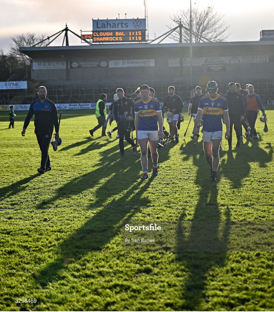 23 November 2025; Clough Ballacolla players including Joe Corby and Cormac Hogan leave the field after their side's defeat in the AIB Leinster GAA Hurling Senior Club Championship semi-final match between Shamrocks Ballyhale and Clough Ballacolla at UPMC Nowlan Park in Kilkenny. Photo by Sam Barnes/Sportsfile