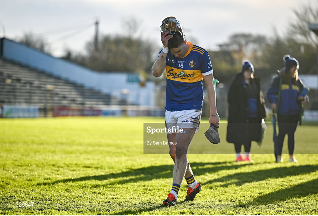 23 November 2025;Stephen Bergin of Clough Ballacolla dejected after his side's defeat in the AIB Leinster GAA Hurling Senior Club Championship semi-final match between Shamrocks Ballyhale and Clough Ballacolla at UPMC Nowlan Park in Kilkenny. Photo by Sam Barnes/Sportsfile
