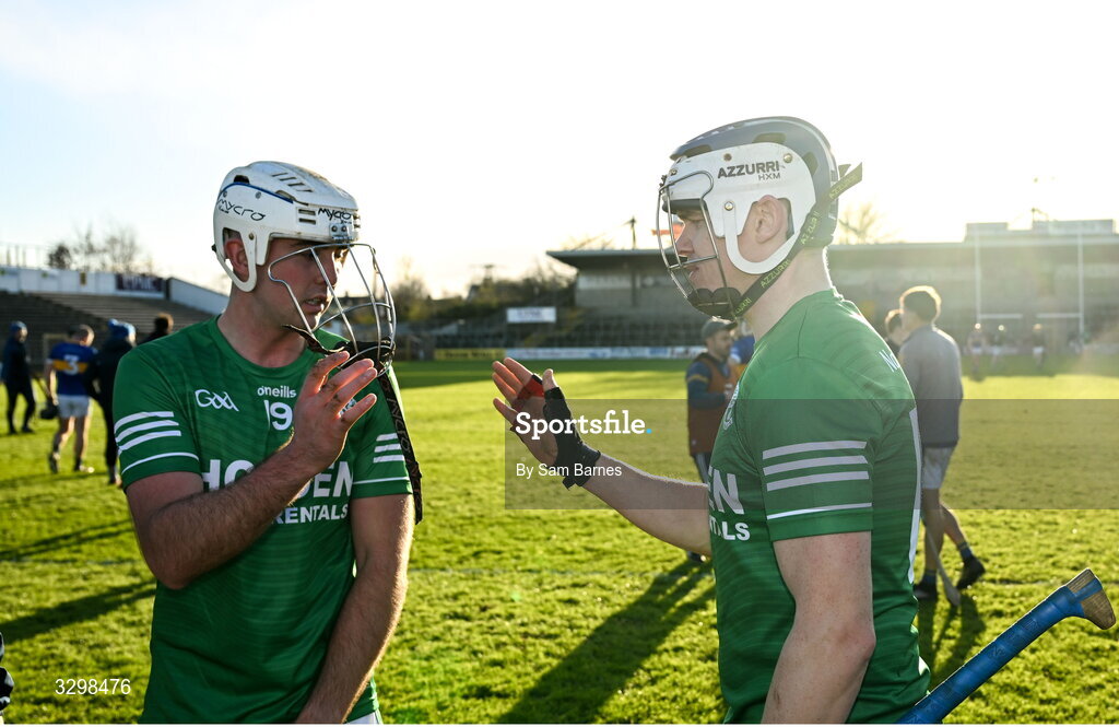 23 November 2025; TJ Reid of Shamrocks Ballyhale, right, celebrates with teammate Dara Mason after their side's victroy in the AIB Leinster GAA Hurling Senior Club Championship semi-final match between Shamrocks Ballyhale and Clough Ballacolla at UPMC Nowlan Park in Kilkenny. Photo by Sam Barnes/Sportsfile
