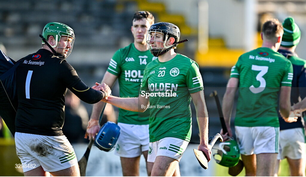 23 November 2025; Conor Phelan of Shamrocks Ballyhale, centre, and Shamrocks Ballyhale goalkeeper Dean Mason, left, celebrate after their side's victory in AIB Leinster GAA Hurling Senior Club Championship semi-final match between Shamrocks Ballyhale and Clough Ballacolla at UPMC Nowlan Park in Kilkenny. Photo by Sam Barnes/Sportsfile