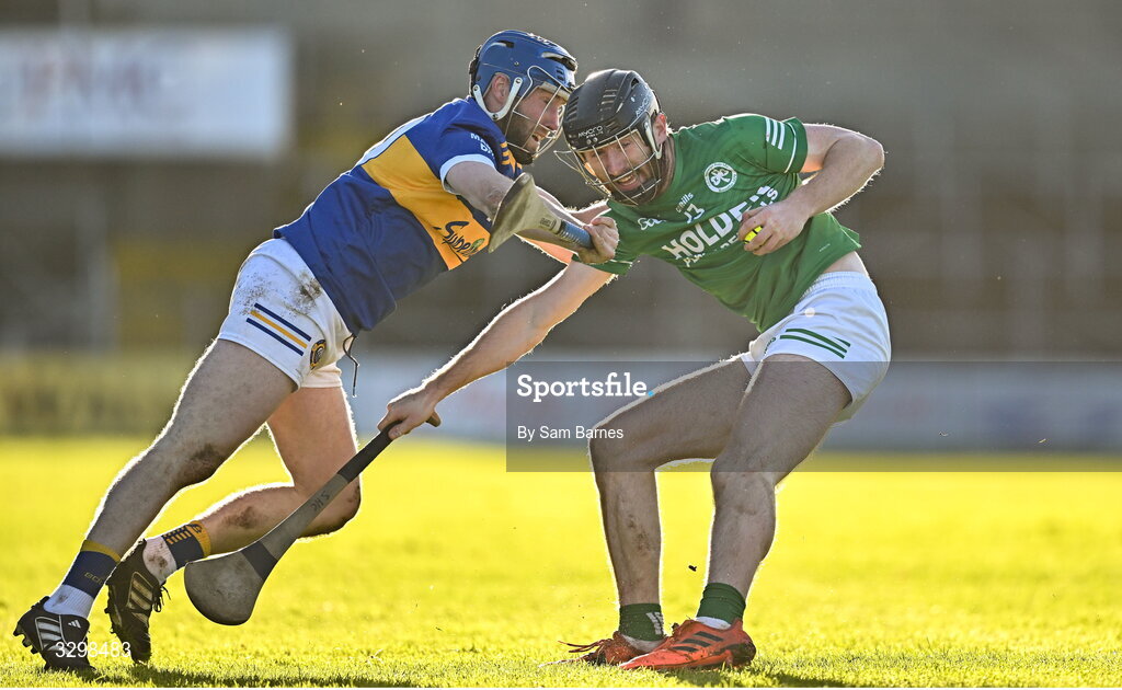 23 November 2025; Liam Barron of Shamrocks Ballyhale in action against Mark Hennessy of Clough Ballacolla during the AIB Leinster GAA Hurling Senior Club Championship semi-final match between Shamrocks Ballyhale and Clough Ballacolla at UPMC Nowlan Park in Kilkenny. Photo by Sam Barnes/Sportsfile