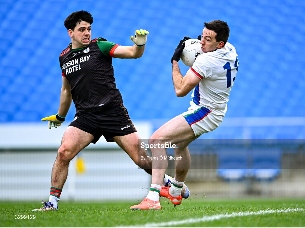 16 November 2025; Evan Regan of Ballina Stephenites in action against Seán Trundle of St Brigid's during the AIB Connacht GAA Football Senior Club Championship semi-final match between St Brigid's and Ballina Stephenites at King & Moffatt Dr Hyde Park in Roscommon. Photo by Piaras Ó Mídheach/Sportsfile