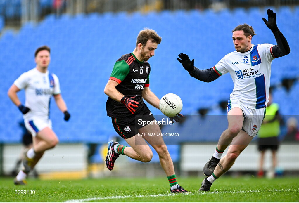 16 November 2025; Paul McGrath of St Brigid's in action against Padraig O'Hora of Ballina Stephenites during the AIB Connacht GAA Football Senior Club Championship semi-final match between St Brigid's and Ballina Stephenites at King & Moffatt Dr Hyde Park in Roscommon. Photo by Piaras Ó Mídheach/Sportsfile