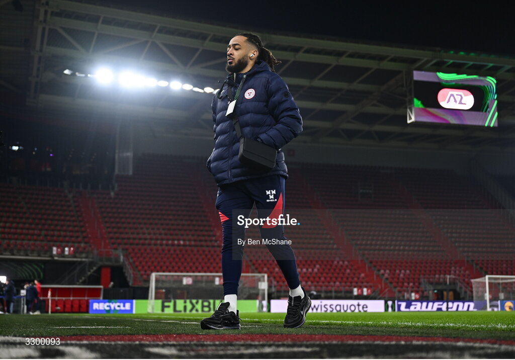 27 November 2025; Milan Mbeng of Shelbourne before the UEFA Conference League 2025/26 league phase match between AZ Alkmaar and Shelbourne at AFAS Stadion in Alkmaar, Netherlands. Photo by Ben McShane/Sportsfile