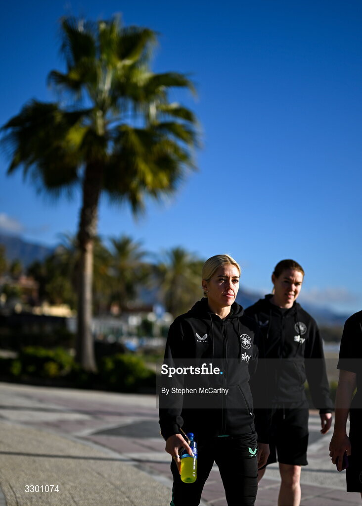 29 November 2025; Republic of Ireland's Denise O’Sullivan, left, and Aoife Mannion during a team walk near their hotel before the women's international friendly match between Republic of Ireland and Hungary at Marbella Football Centre in Marbella, Spain. Photo by Stephen McCarthy/Sportsfile