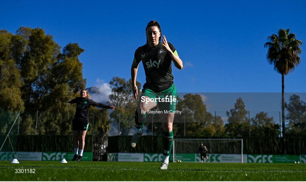 29 November 2025; Lucy Quinn of Republic of Ireland before the women's international friendly match between Republic of Ireland and Hungary at Marbella Football Centre in Marbella, Spain. Photo by Stephen McCarthy/Sportsfile
