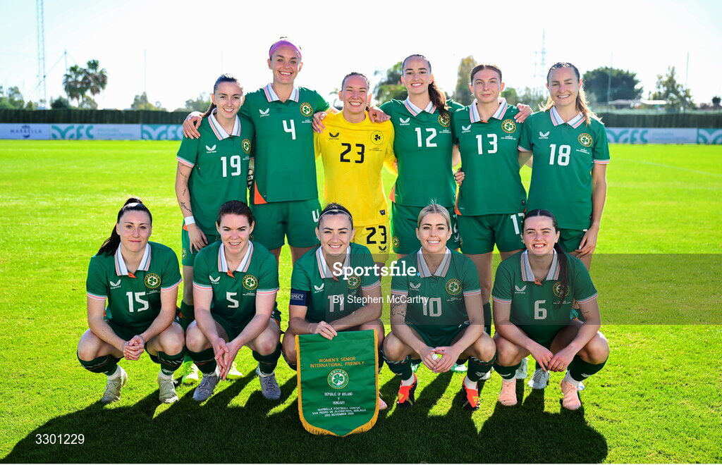 29 November 2025; The Republic of Ireland team, back row, from left, Abbie Larkin, Caitlin Hayes, goalkeeper Sophie Whitehouse, Anna Patten, Hayley Nolan and Kyra Carusa, with front row, from left, Lucy Quinn, Aoife Mannion, Katie McCabe, Denise O’Sullivan and Tyler Toland before the women's international friendly match between Republic of Ireland and Hungary at Marbella Football Centre in Marbella, Spain. Photo by Stephen McCarthy/Sportsfile