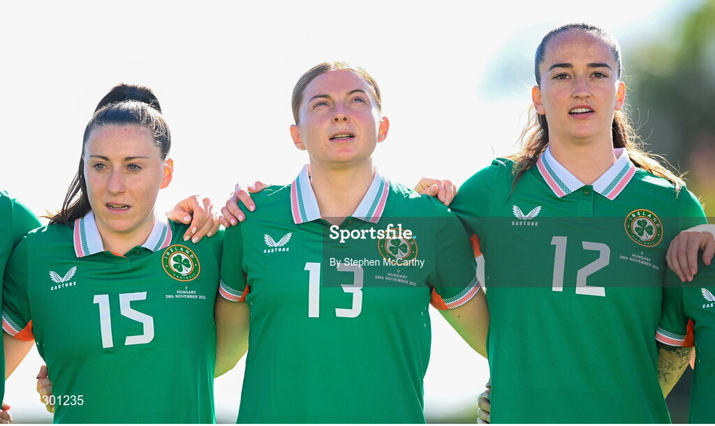 29 November 2025; Republic of Ireland players, from left, Lucy Quinn, Hayley Nolan and Anna Patten before the women's international friendly match between Republic of Ireland and Hungary at Marbella Football Centre in Marbella, Spain. Photo by Stephen McCarthy/Sportsfile