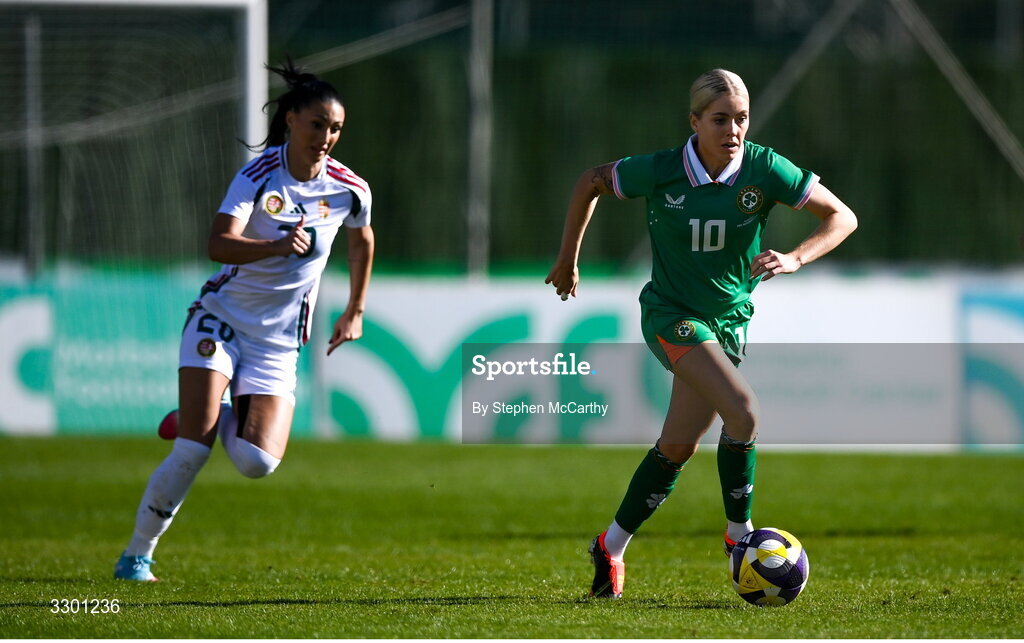 29 November 2025; Denise O’Sullivan of Republic of Ireland and Dora Sule of Hungary during the women's international friendly match between Republic of Ireland and Hungary at Marbella Football Centre in Marbella, Spain. Photo by Stephen McCarthy/Sportsfile