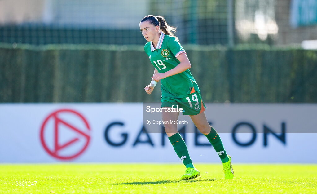 29 November 2025; Abbie Larkin of Republic of Ireland after scoring their side's first goal during the women's international friendly match between Republic of Ireland and Hungary at Marbella Football Centre in Marbella, Spain. Photo by Stephen McCarthy/Sportsfile