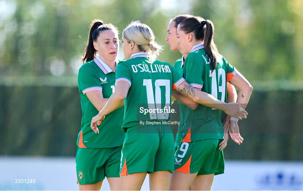29 November 2025; Abbie Larkin of Republic of Ireland with teammates, from left, Lucy Quinn, Denise O’Sullivan and Kyra Carusa after scoring their side's first goal during the women's international friendly match between Republic of Ireland and Hungary at Marbella Football Centre in Marbella, Spain. Photo by Stephen McCarthy/Sportsfile