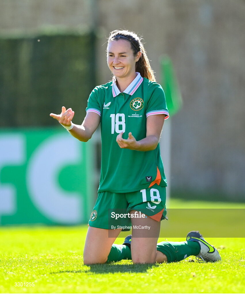 29 November 2025; Kyra Carusa of Republic of Ireland after scoring their side's second goal during the women's international friendly match between Republic of Ireland and Hungary at Marbella Football Centre in Marbella, Spain. Photo by Stephen McCarthy/Sportsfile
